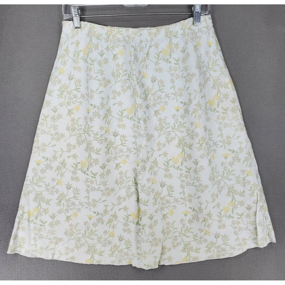 J. Jill 100% Linen Light Gray Floral Print MIDI A-Line Skirt Size M USA Made Y2K
